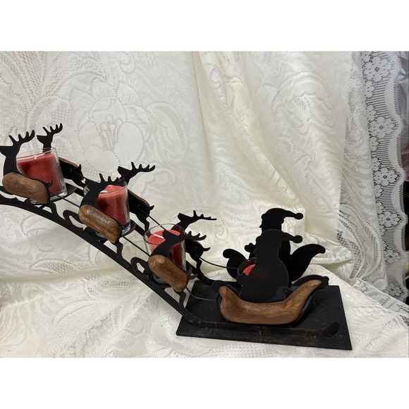 Vintage Christmas Santa Sleigh Reindeer Silhouette Metal Wood 4 Candle Holder - Picture 3 of 12
